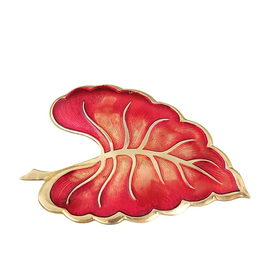 Vintage German Red Enamel Leaf Brooch Gold Tone Pin 2.85” Signed Retro